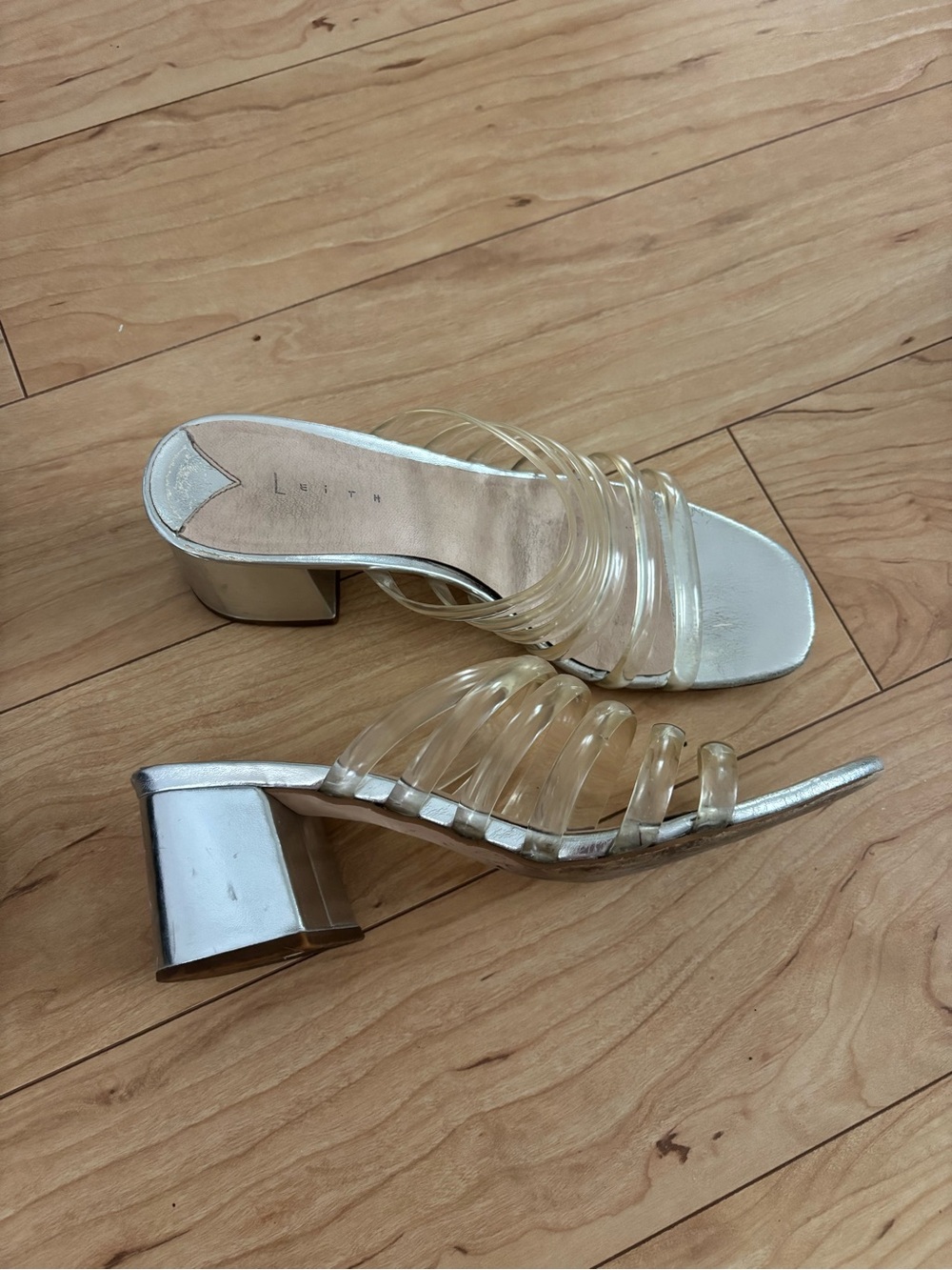 Leith Silver Metallic Block Heel Mules with Clear Jelly Straps - Women